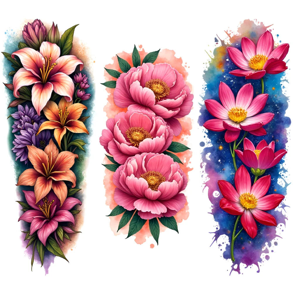 3-Pack Floral Temporary Tattoos – Colorful Realism, Waterproof
