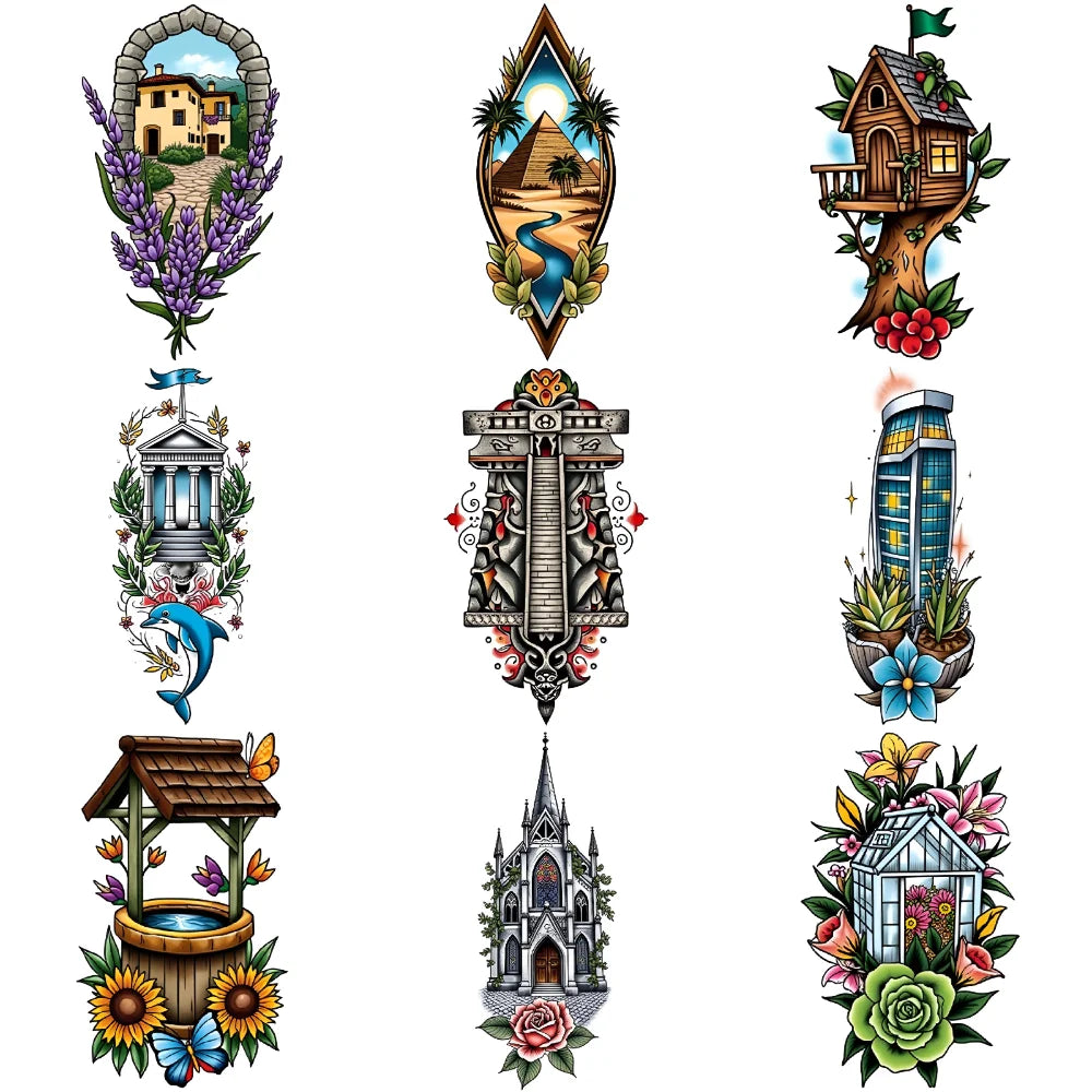 9-Pack Temporary Tattoo Stickers – Lighthouse, Flowers & Church Temporary Tattoo Stickers Oasis Select 3A-9X6cm