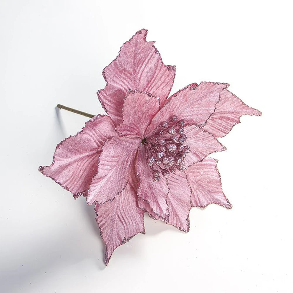 28cm Artificial Flower Simulation Christmas Poinsettia Fake Glitter Flower Hanging Xmas Tree Pendant Ornament Party Home Decor Oasis Select Pink China Mainland