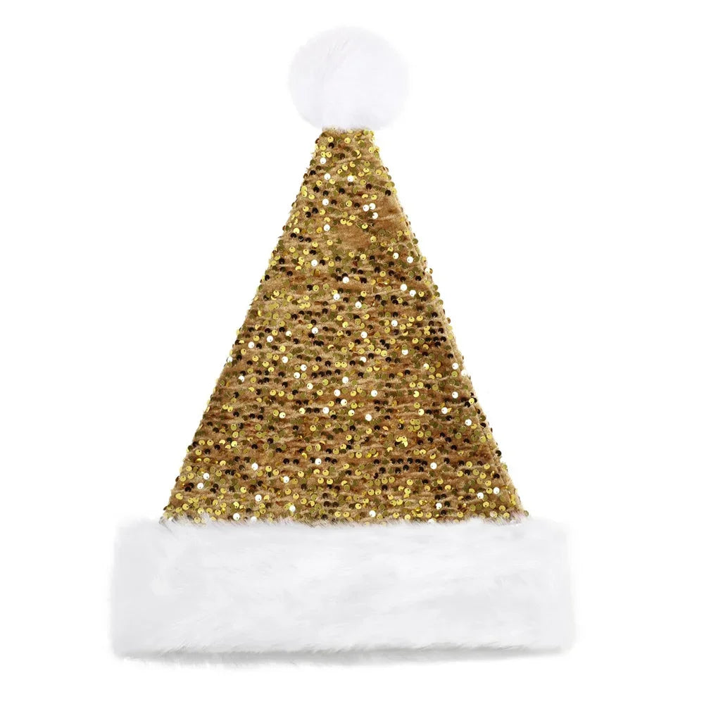 Double-Layer Sequin Santa Hat with Fluffy Pompom | Adults & Kids