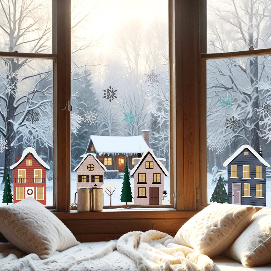 Cartoon Snowflake Small House Window Sticker Self-adhesive Wall Sticker Double-sided Visible Glass Decorative Sticker Oasis Select