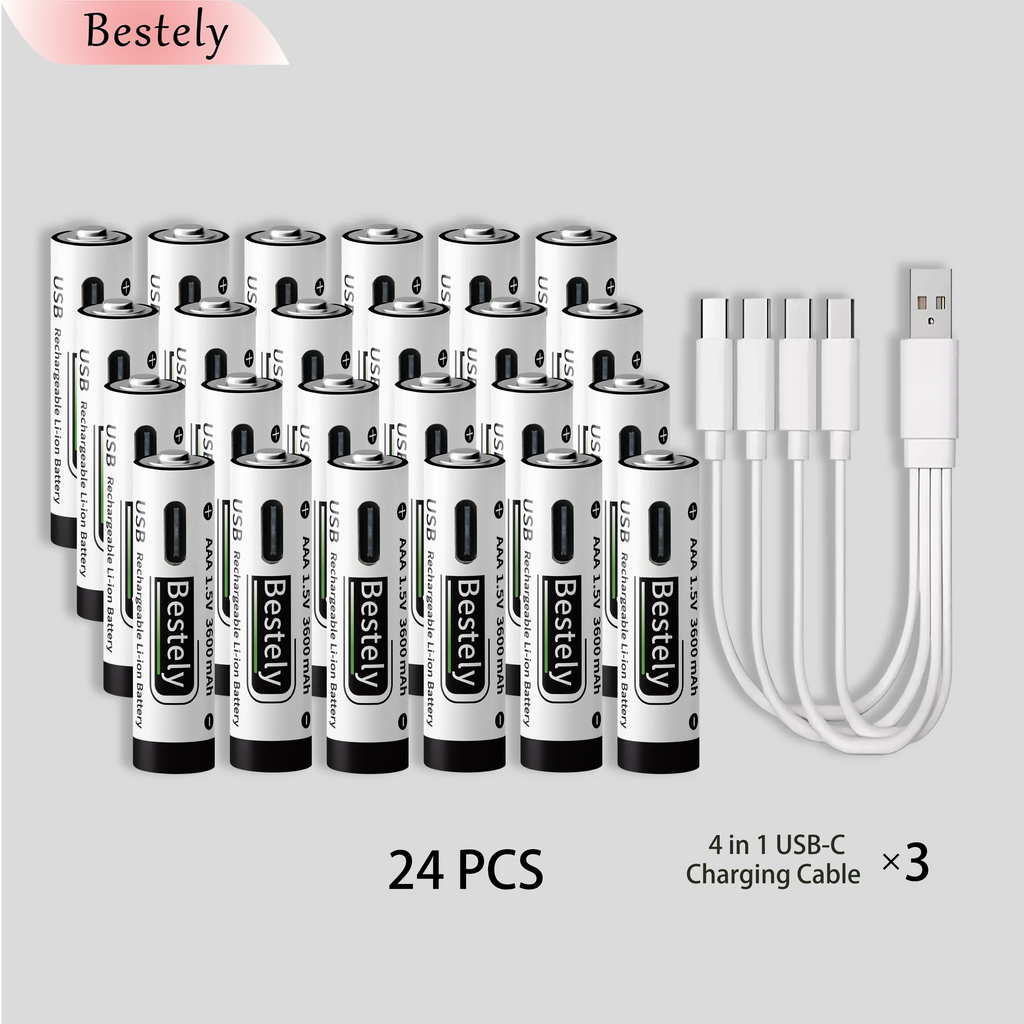 New USB-C 1.5v AAA 3600mAh Rechargeable Lithium ion Battery,Rechargeable AAA Li-ion Type-C Battery,2000 times cycle with Cable Oasis Select 24 pcs Batteries