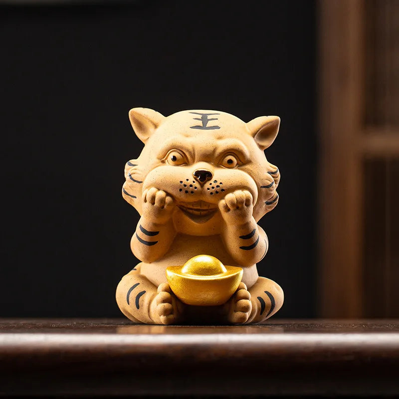 Tiger Tea Pet Creative Money Box Mascot Purple Clay Large and Small Cute Tiger Tea Pet Ornament Tea Table Decoration Oasis Select Tea Pet - Yuanbao