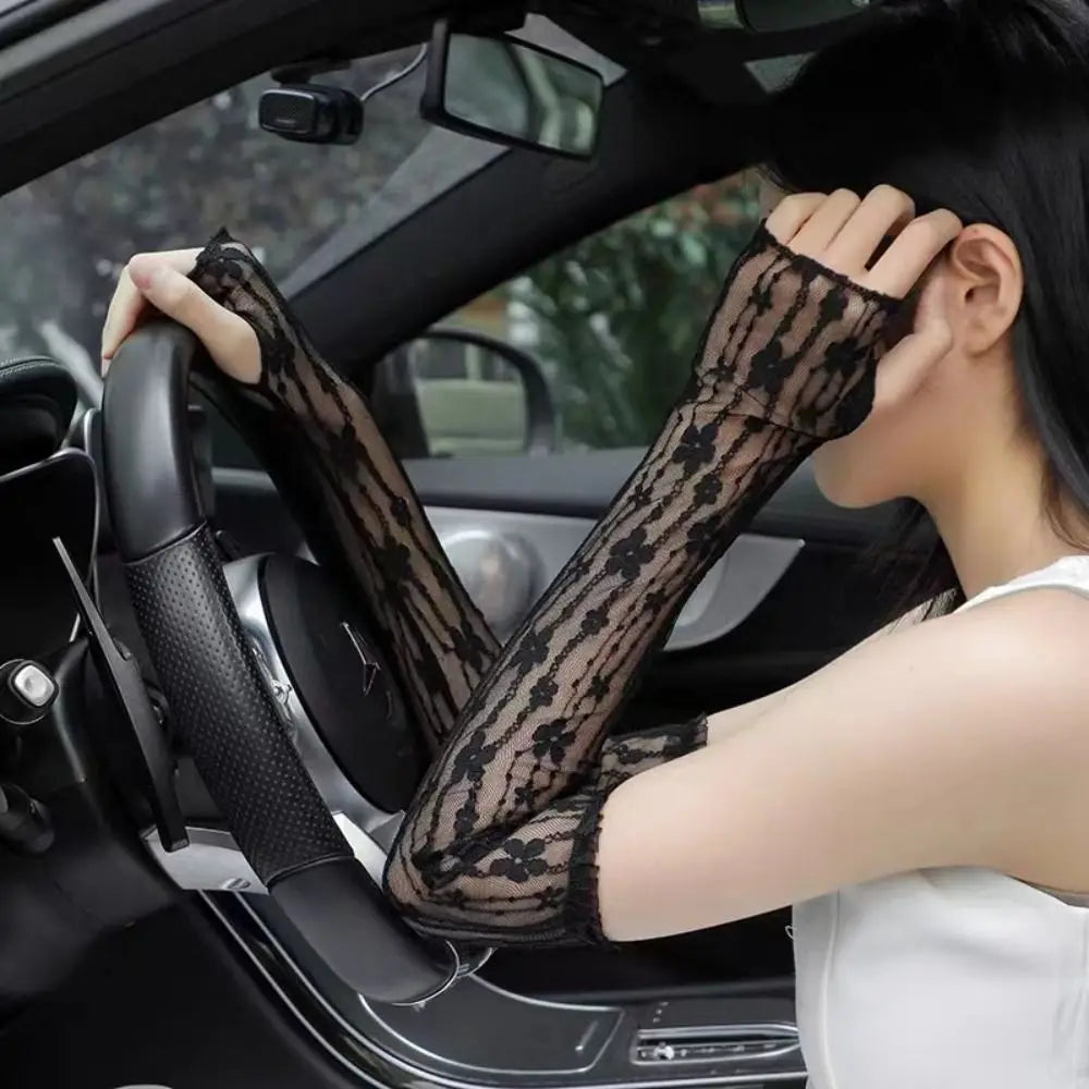 Summer Outdoor Breathable Sunscreen Sleeves Lace Mesh Ultra Thin Lace Arm Sleeves UV Protection Fingerless Long Gloves Girls Oasis Select
