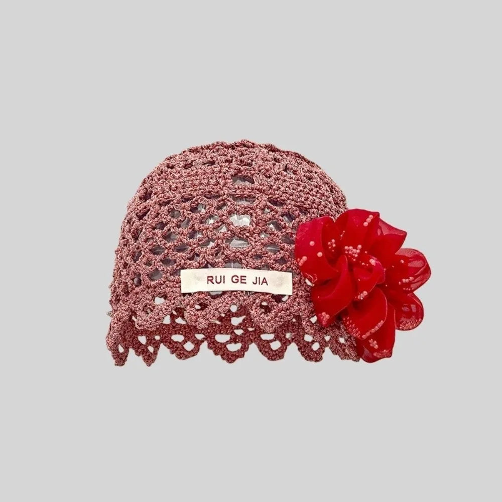 French Breathable Hollow Pullover Hats 3D Flower Hollow Out Beanies Cap Knitted Hat Summer Oasis Select Red