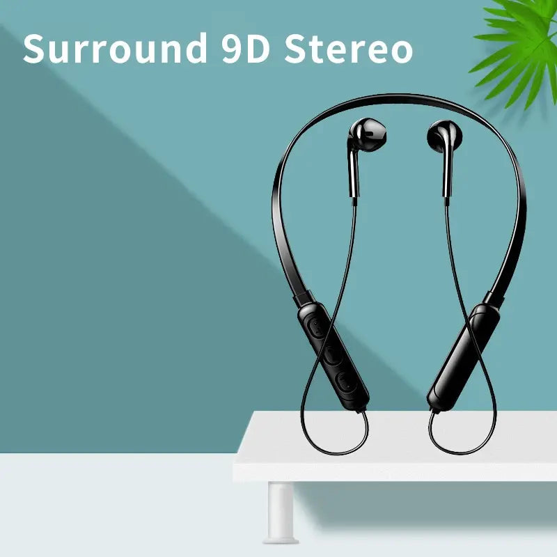 Wireless 9D Bluetooth Headset NeckHanging Stereo Noise Reduction Universal 5.0 Sports Headset Microphone Oasis Select Black