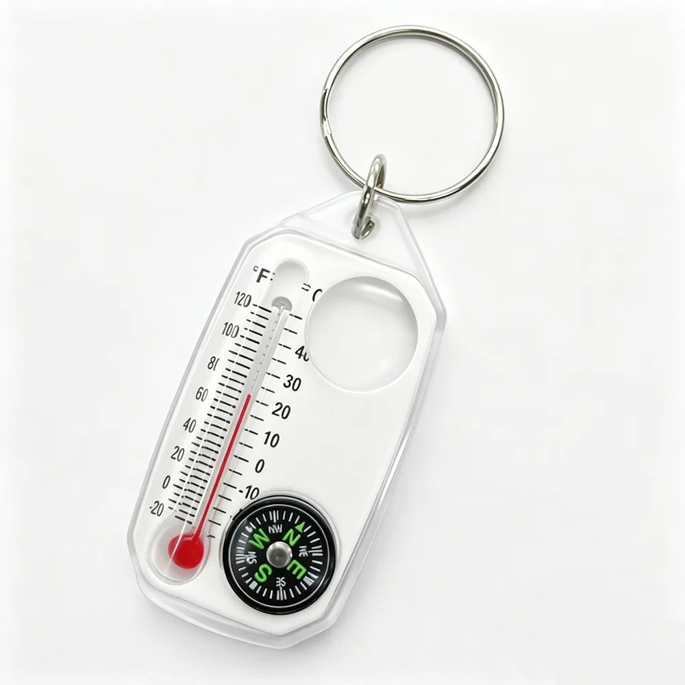 3 in 1 Keychain Compass Portable Mini Keychain Outdoor Thermometer Magnifying Glass Compass Camping Essentials Survival Tools, Oasis Select 1PC