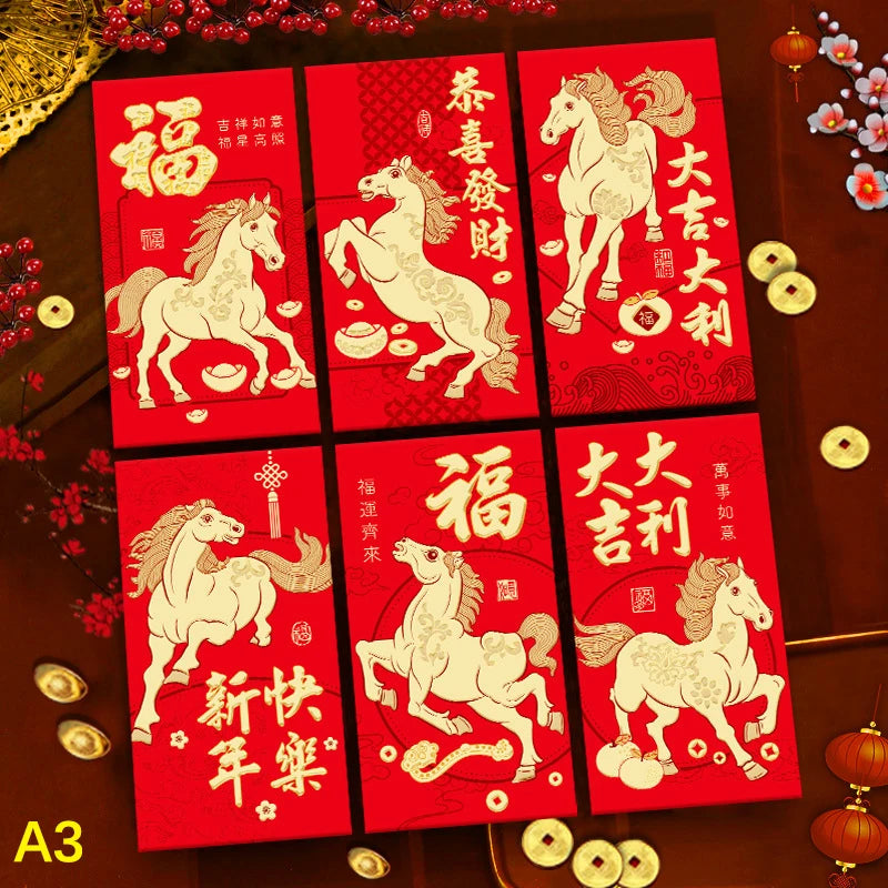 6Pcs/set Chinese New Year Money Envelope Horse Year Red Envelope Red Pocket Spring Festival Envelope Oasis Select A3