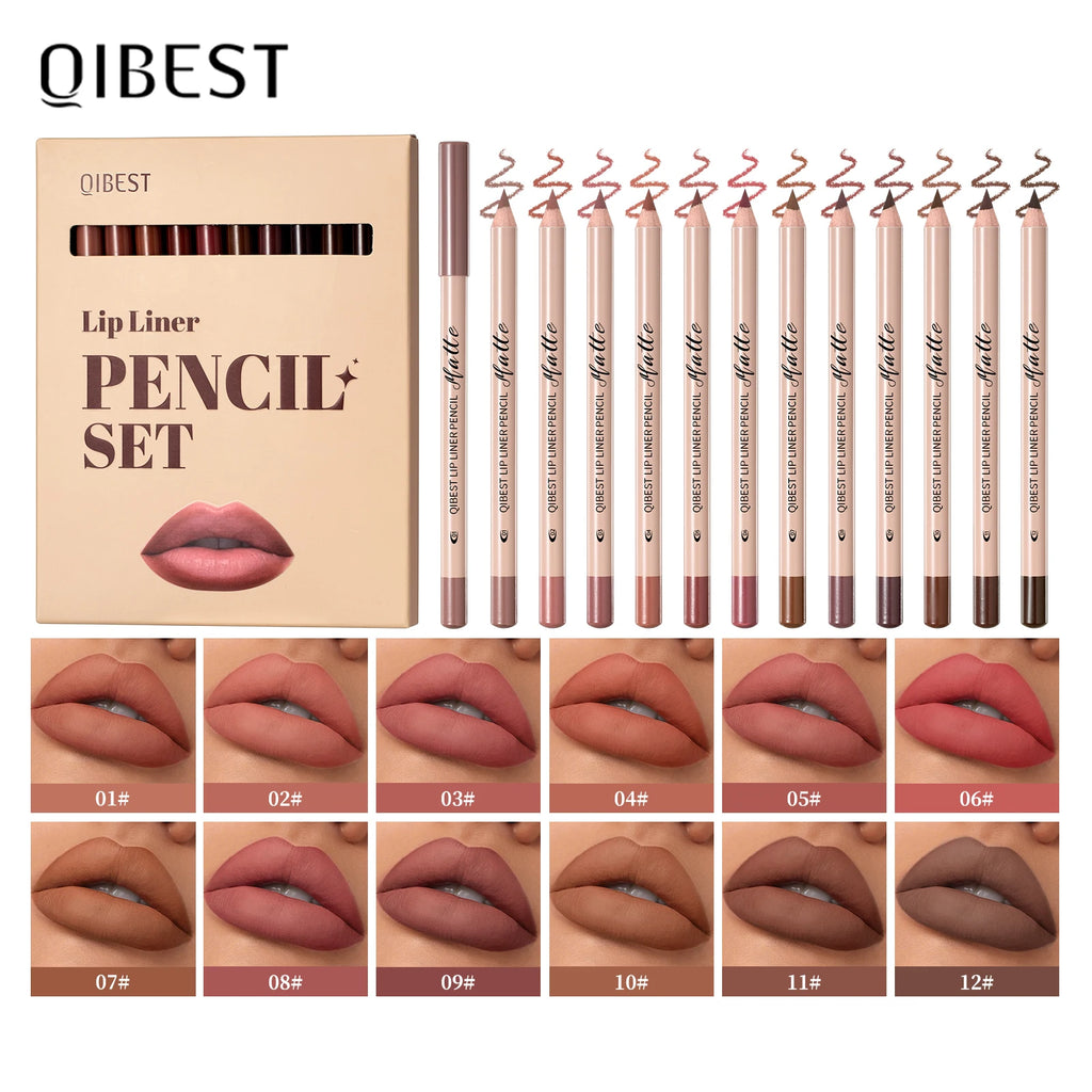 QIBEST 12-Color Matte Lip Liner Set – Waterproof & Long-Lasting