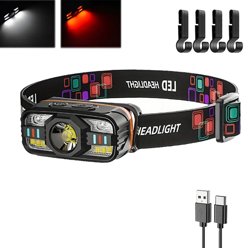 6 Modes LED Headlight Handfress Motion Sensor Powerful Headlamp Head Lamp COB Flashlight Torch Head Light For Camping, Fishing Oasis Select 1PC with Hook