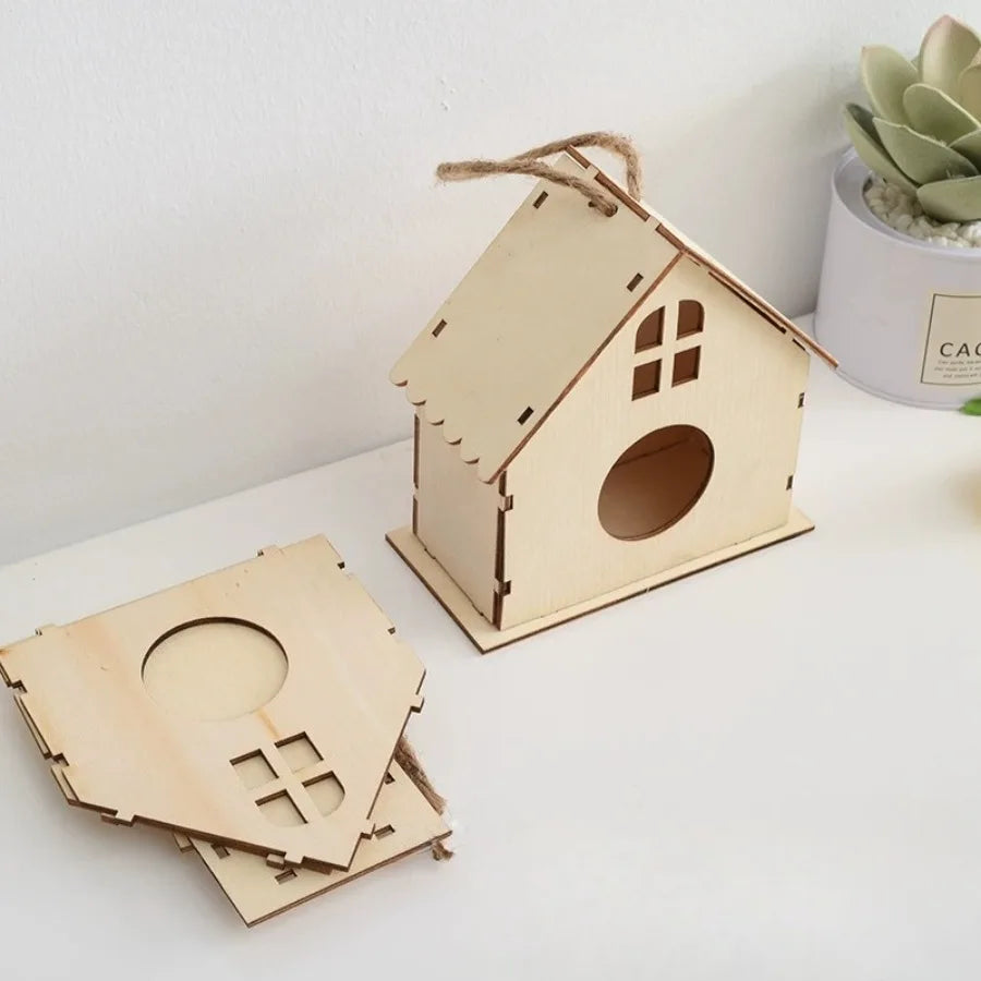 Wooden Mini Miniature Doll House DIY Small House Kit Accessory Pet Supplies Hanging Birdhouse Hideouts for Outside Balcony Oasis Select