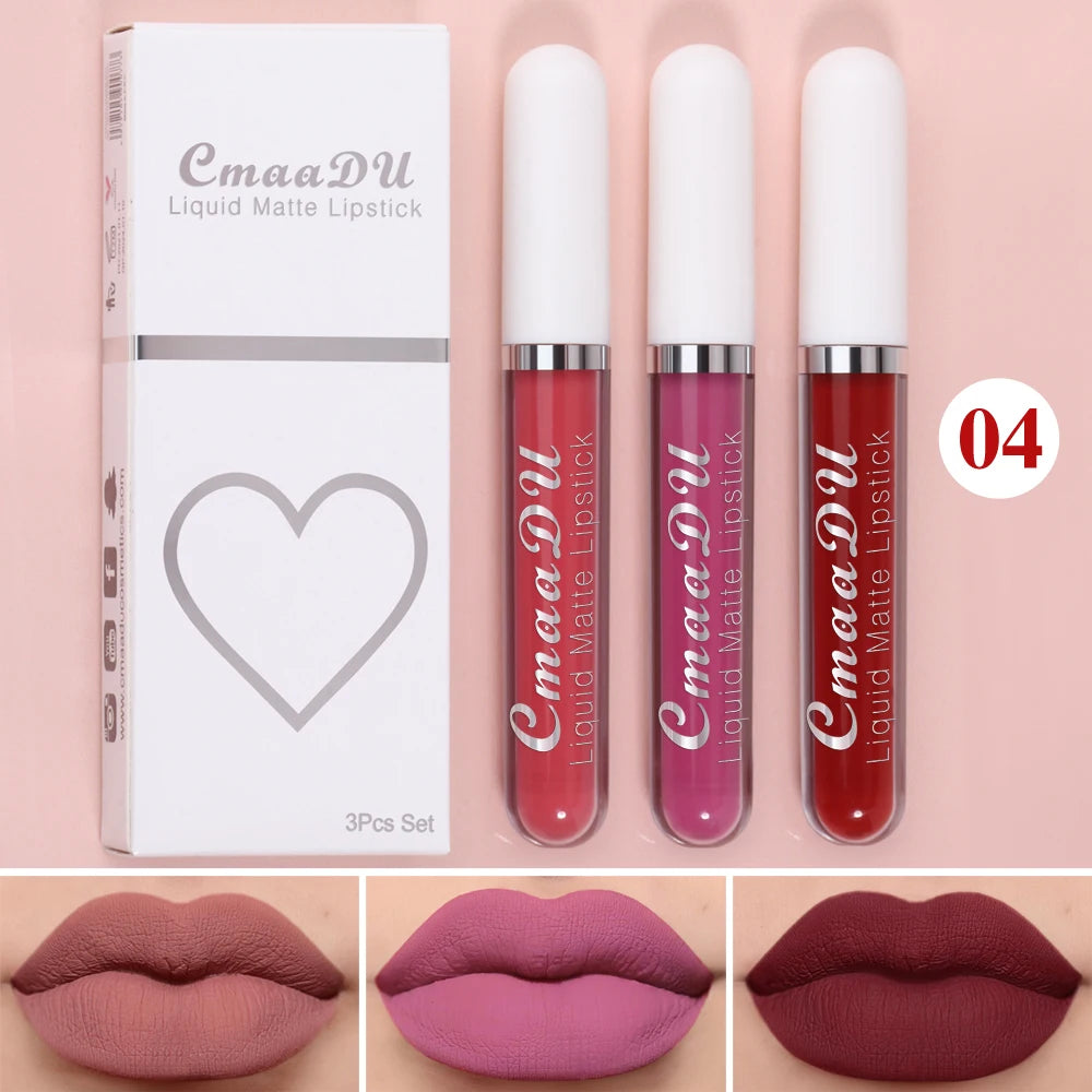 3 Pcs Matte Lipstick Lip Gloss Sets Long-Lasting Non-Fading Waterproof Non-stick Cup Exquisite Gift Everyday Holiday Universal Oasis Select 04