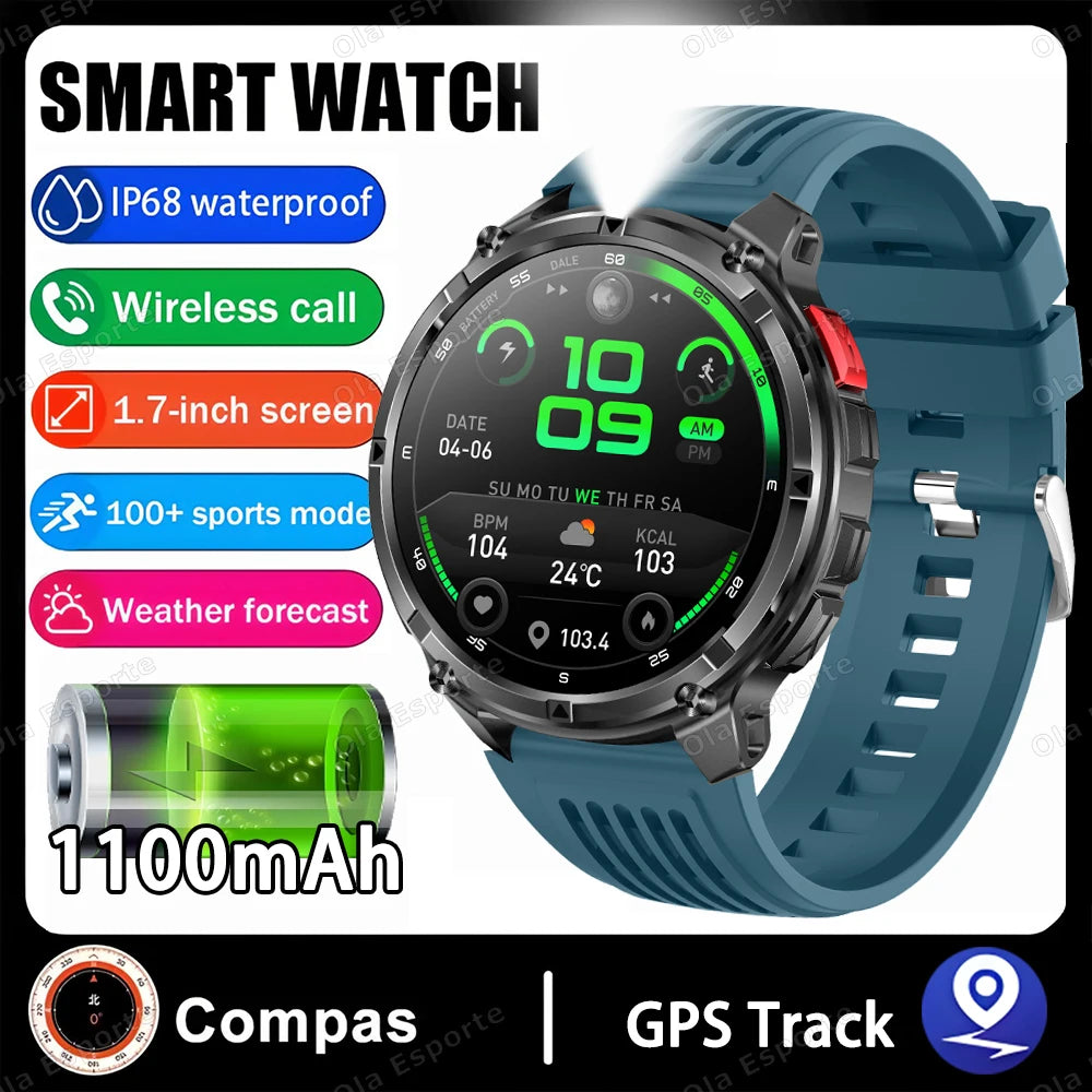 Rugged Military Smartwatch 1100mAh | Compass, Fitness & BT Calls
