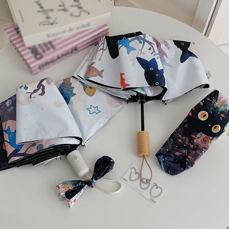 Cute Cartoon Fish and Cat Folding Umbrella Sun Protection Rain-proof UV Protection Umbrella Fully Automatic Sun Umbrella Oasis Select