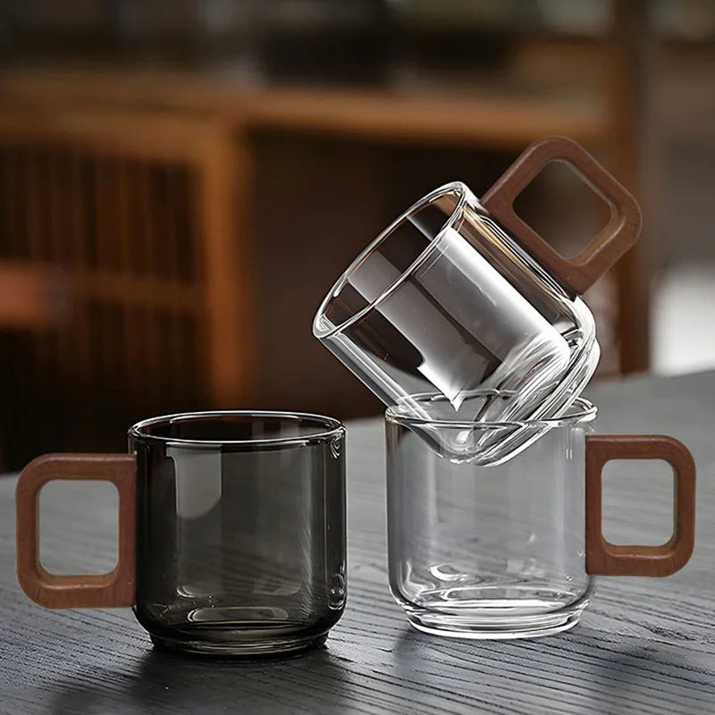 6Pcs Transparent Glass Cups with Wooden Handle, High Temperature Resistant Coffee Tea Sake Cups, Colored Cups Kitchen Drinkware Oasis Select