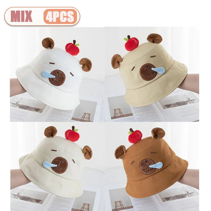 1-4PCS Cute Capybara Apple Bucket Hat for Women Cartoon Fisherman Hat Sun Protection Casual Summer Beach Outdoor Oasis Select MIX-4PCS