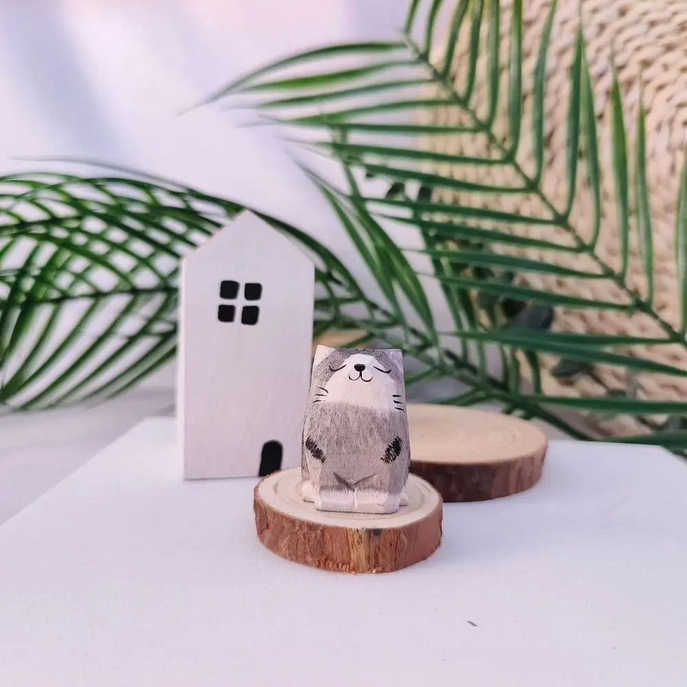 Mini Wooden Cat & Dog Figurine | Cute Painted Animal Statue