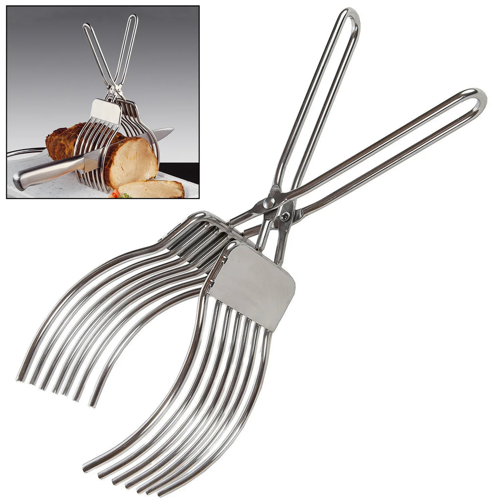 Stainless Steel Roast Beef Cutting Tongs Meat Bread Slicing Tong Food Holder For Slicing Vegetable Fruits Cutting Kitchen Tools Oasis Select 1pc