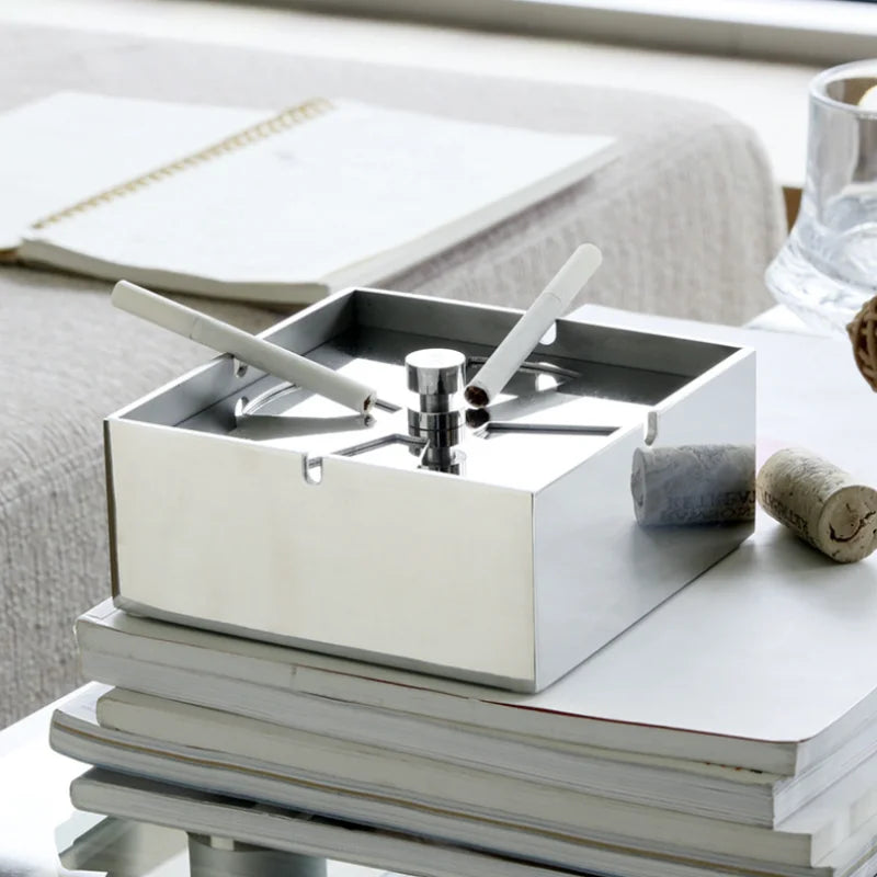 Stainless Steel Ashtray with Lid Seal European Creative Living Room Decoration Windproof Office Men's Square Ashtray Oasis Select