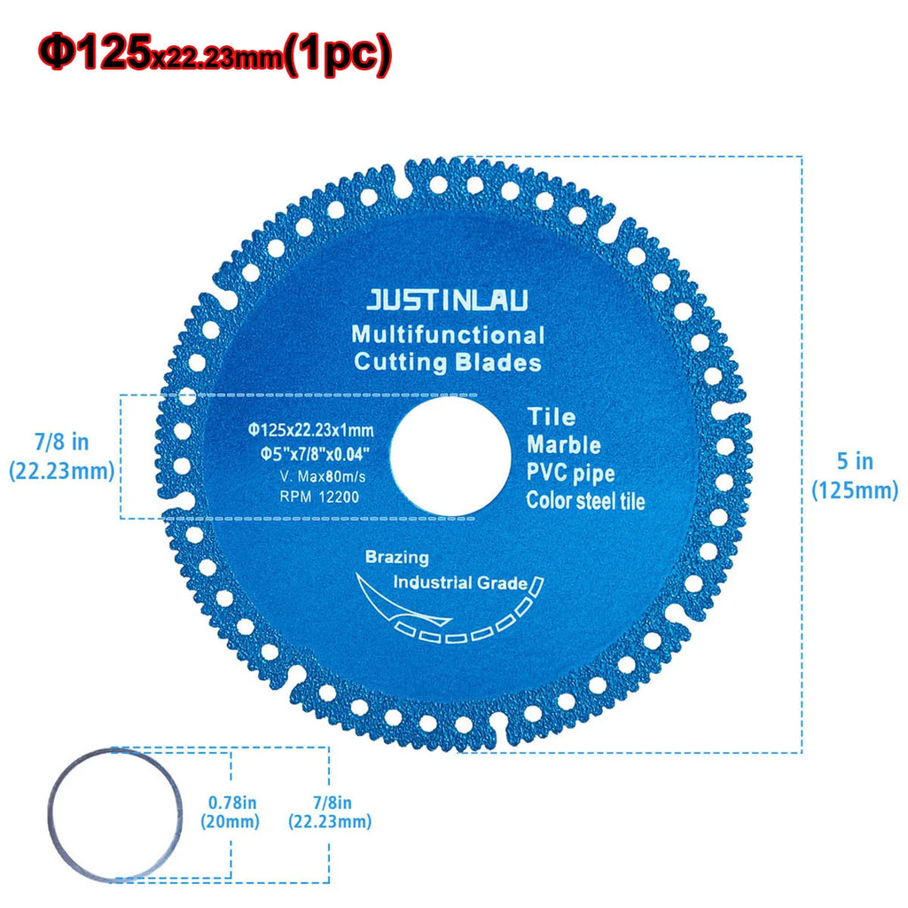 JUSTINLAU Multifunctional Cutting Piece Sheet Disc Tile Rock Plate Metal Marble Machine Angle Grinder Dry Slice Emery Saw Blade Oasis Select 1pc Blue-125mm
