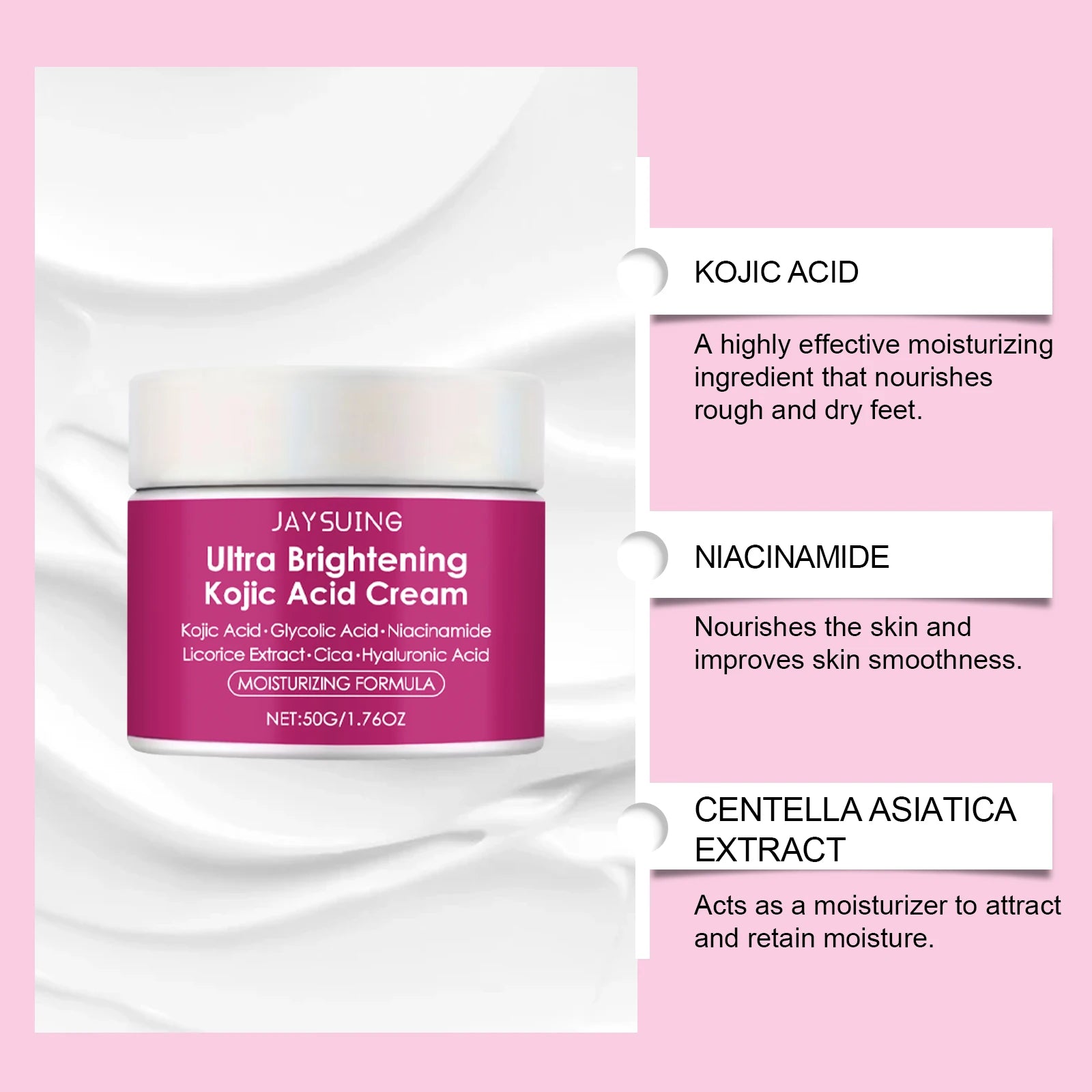 Kojic Acid Brightening Cream Dark Spot Remover Evens Tone Glowing Skin Centella Asiatica Hyaluronic Acid Niacinamide Moisturizer Oasis Select