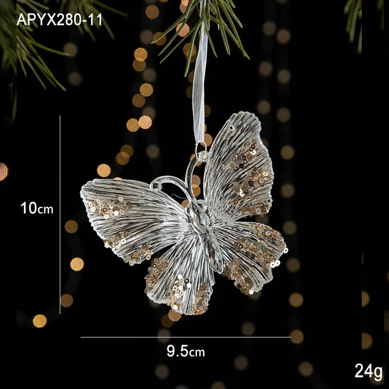 Christmas Tree Toys Acrylic Elk Bells Pendant Transparent Snowflake Pendants With Sequins Home Xmas Party Decoration Accessories Oasis Select butterfly