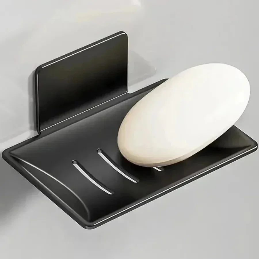 1pc no-drill black metal soap dish, includes adhesive, wall-mounted bathroom soap holder with drainage holes, soap rack Oasis Select