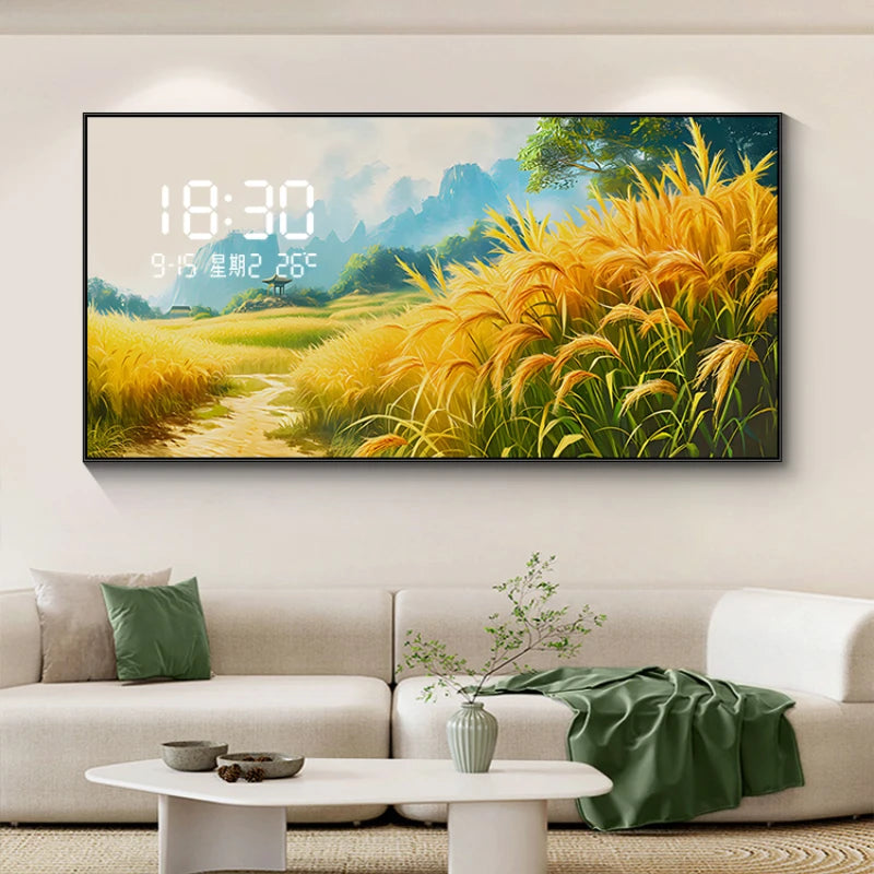Light Luxury Barley Ear Living Room Decorative Painting Wall Clock Sofa Background Wall Luminous Electronic Clock Oasis Select