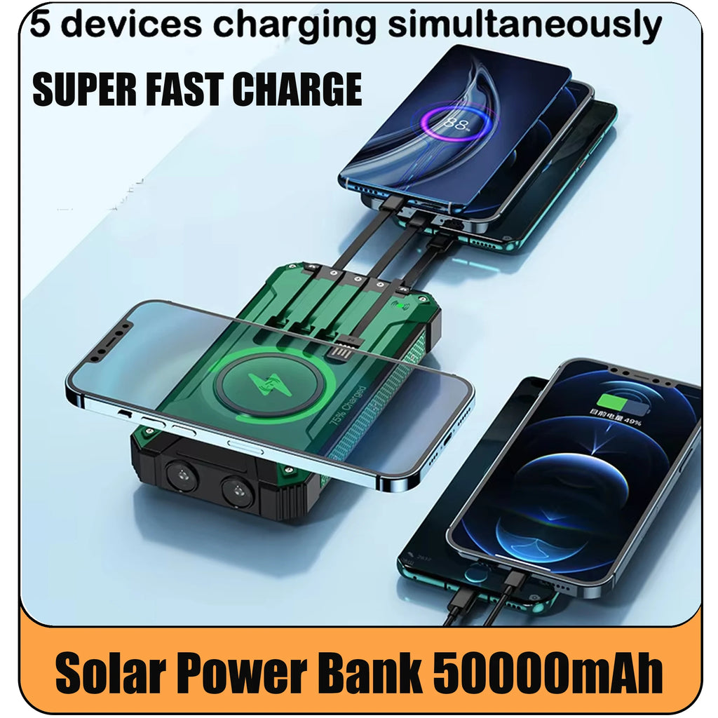 50000mAh Solar Power Bank – Wireless Charging & 4 Built-In Cables