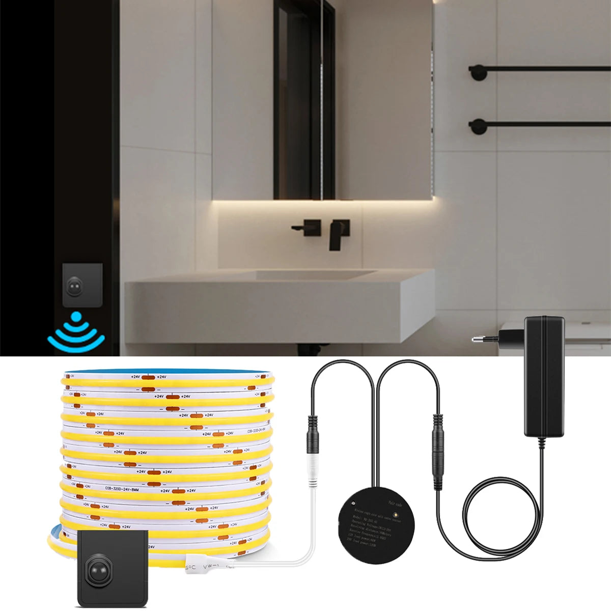 Bathroom Makeup Mirror Lamp Tape with Wireless PIR Motion Sensor/RF Reciever 24V COB LED Strip Light Stairs Bedroom Night Lamp Oasis Select