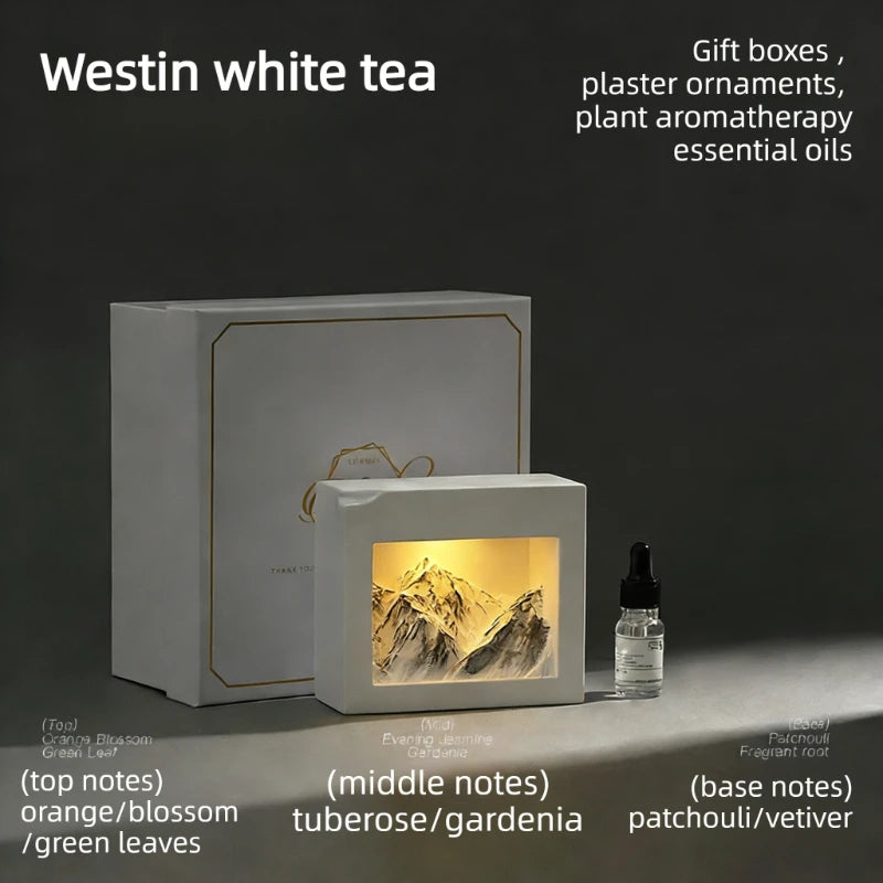 USB Aroma Diffuser Snow Mountain Stone Essential Oil Diffuser Aromatherapy Gift Box with 3 Color LED Light Home Fragrance Oasis Select gray white tea Gift box packaging