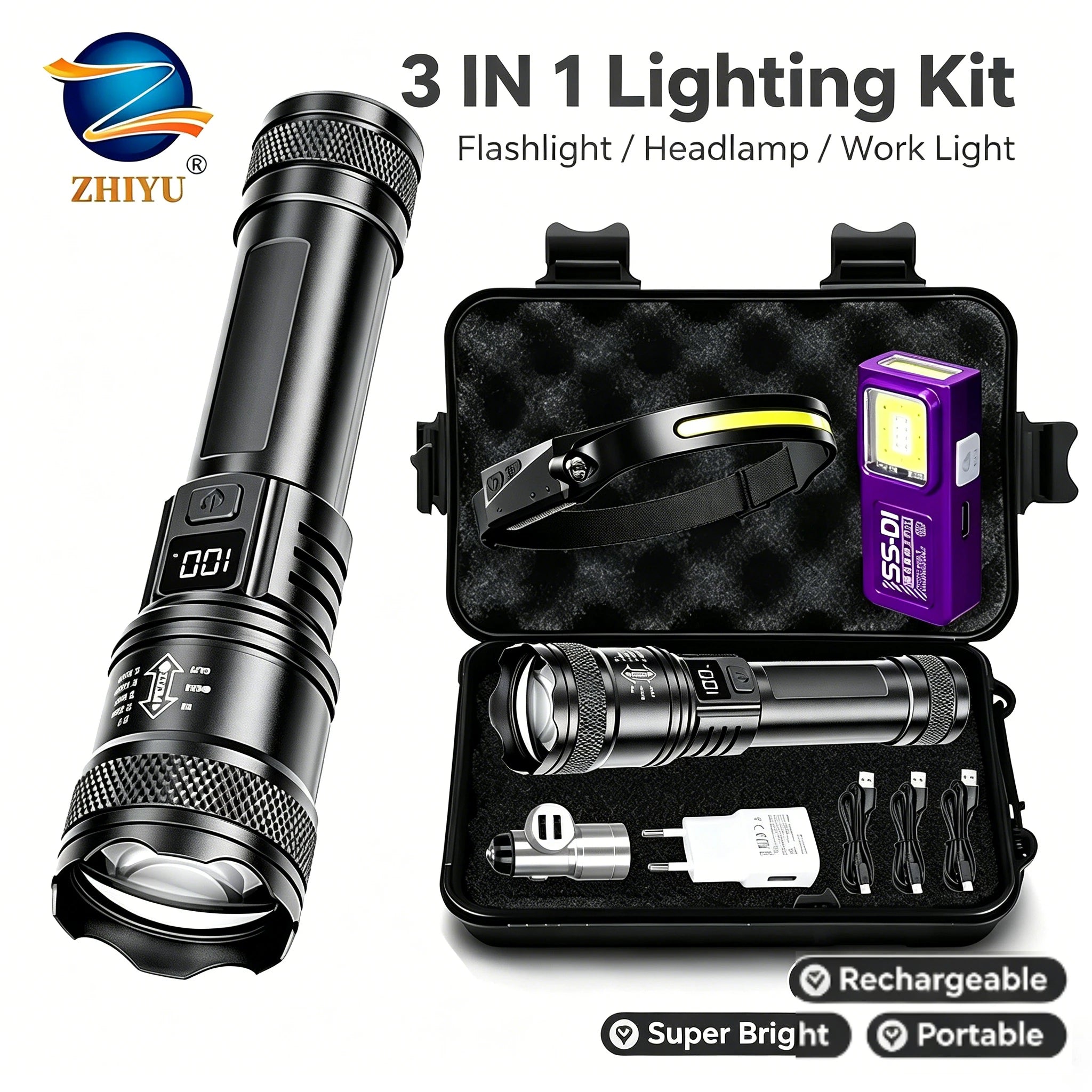 ZHIYU 2000LM LED Flashlight & Headlight Set | Rechargeable