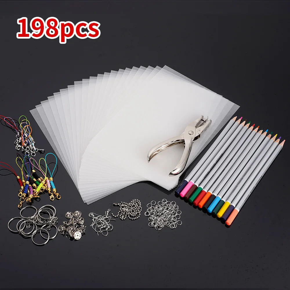 Heat Shrink Plastic Sheets Set Shrinky Art Film Paper Sheet Kit DIY Keychain Ornaments Creative Craft Embellishment Scrapbooking Oasis Select 198Pcs