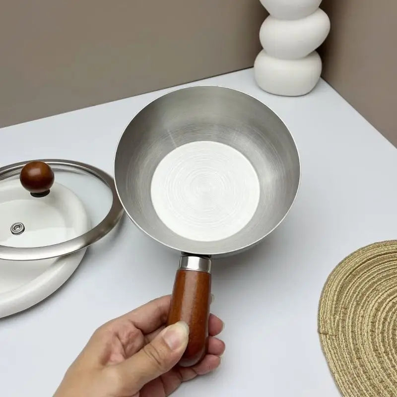 Chic Stainless Steel Noodle Pot for Individual Portions, Peach Wood Accents, Small Stovetop Pot Oasis Select