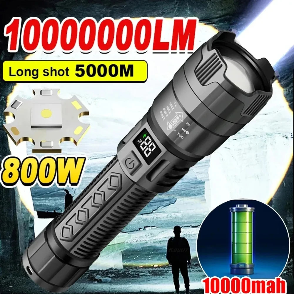 KDULIT High Power Strong Light Flashlight Telescopic Zoom LED Rechargable Tactical Torch Power Display for Camping Emergency Oasis Select