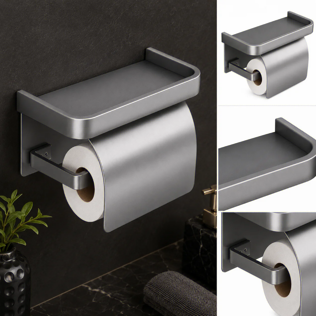 Self Adhesive Toilet Paper Roll Holder with Storage Rack Perforated Installation Tissue Holder Toilet Paper Holder Oasis Select