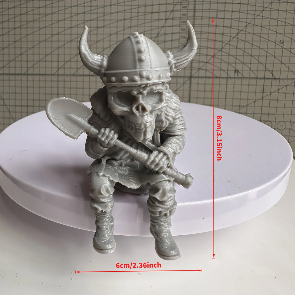 Horned Helmet Warrior Skeleton Sitting Figurines 3D Printed Hanging Mini Edge Statues Desk & Succulent Pot Decor Ornaments Gifts Oasis Select Shovel Skull Gray