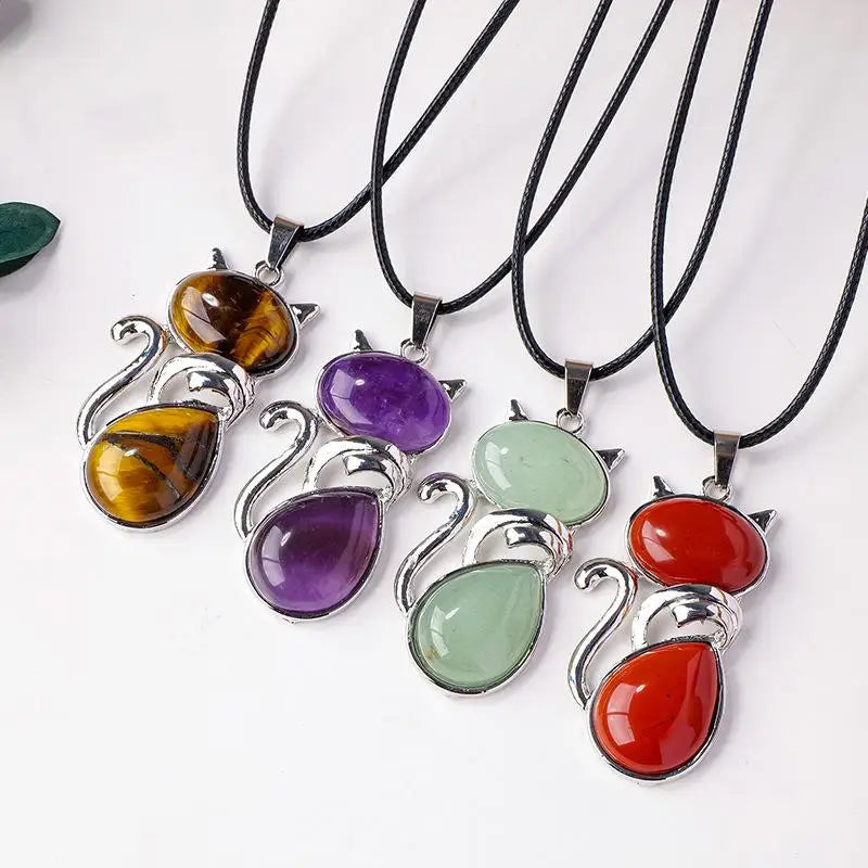 Natural Stone Cat Pendant – Amethyst, Tiger Eye & Crystal