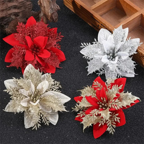 10-Pack Glitter Christmas Flower Ornaments 14cm | Pink Gold Red Christmas Ornaments Oasis Select