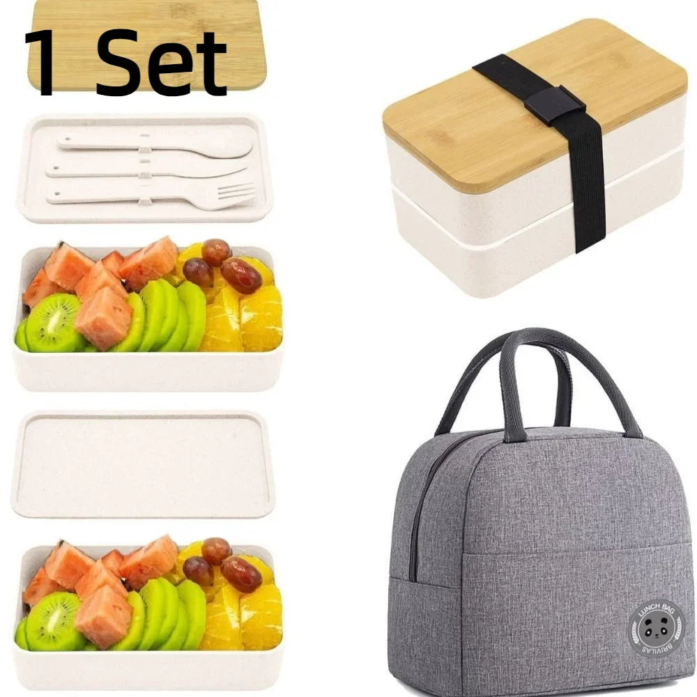1200ML Divided Lunch Box Picnic Microwave Wooden Cover Japanese Bento Box Portable Double Layer Food Container For Kids Oasis Select White-D