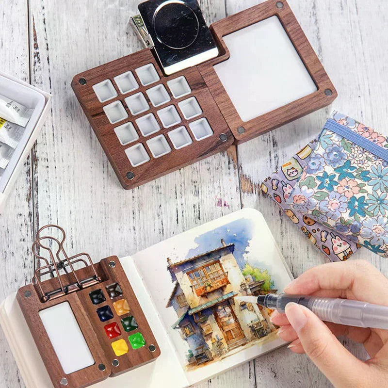 Mini Walnut Wood Watercolor Palette Portable Paint Box With Clip Travel Painting Paint Tray Art Supplies Sketchbook Palette Oasis Select
