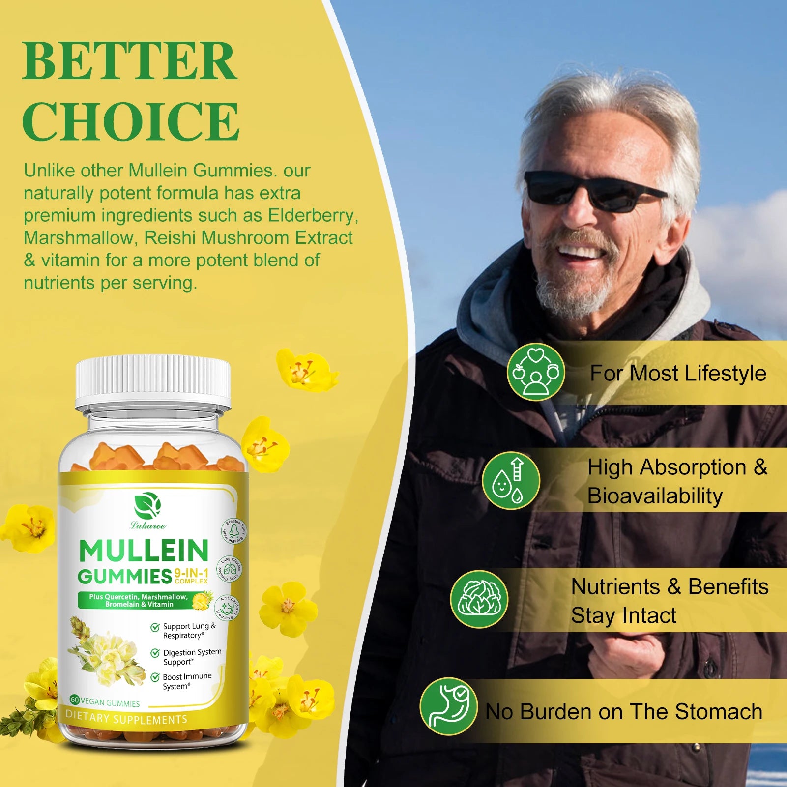 Lukaree 2Bottles 1000mg Mullein Gummies Lung Cleanse Support Respiratory Health Support Immune Health and Antioxidant Oasis Select