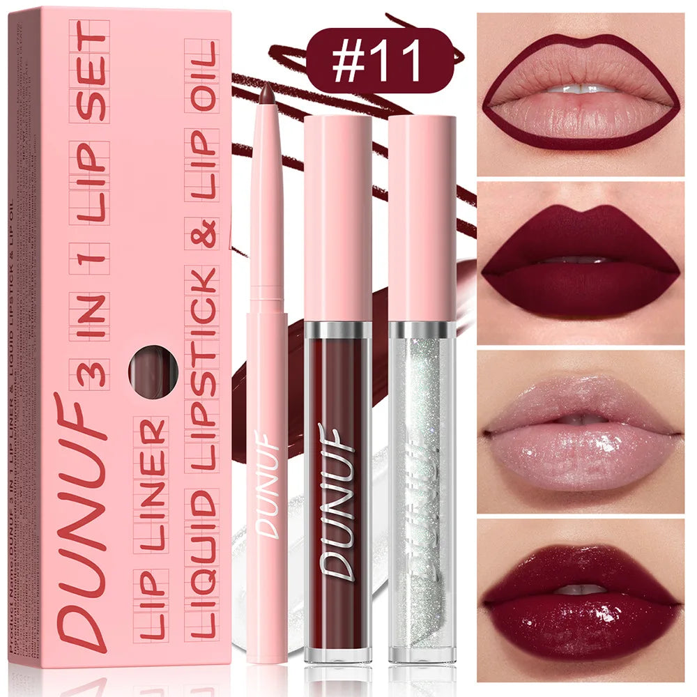 DUNUF 3-Pc Matte Lipstick Set – Lip Liner, Gloss & Oil Kit