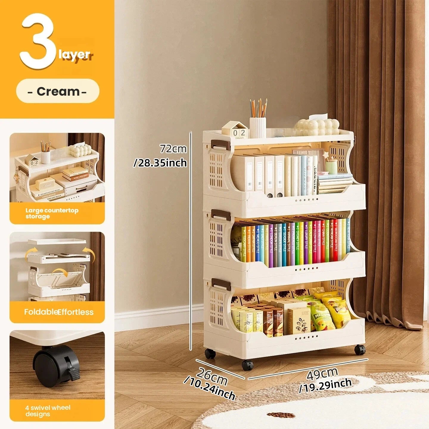 Installation-free storage cabinet - Home bedroom bedside table - Kitchen bathroom multi-layer foldable storage rack Oasis Select 3 layers