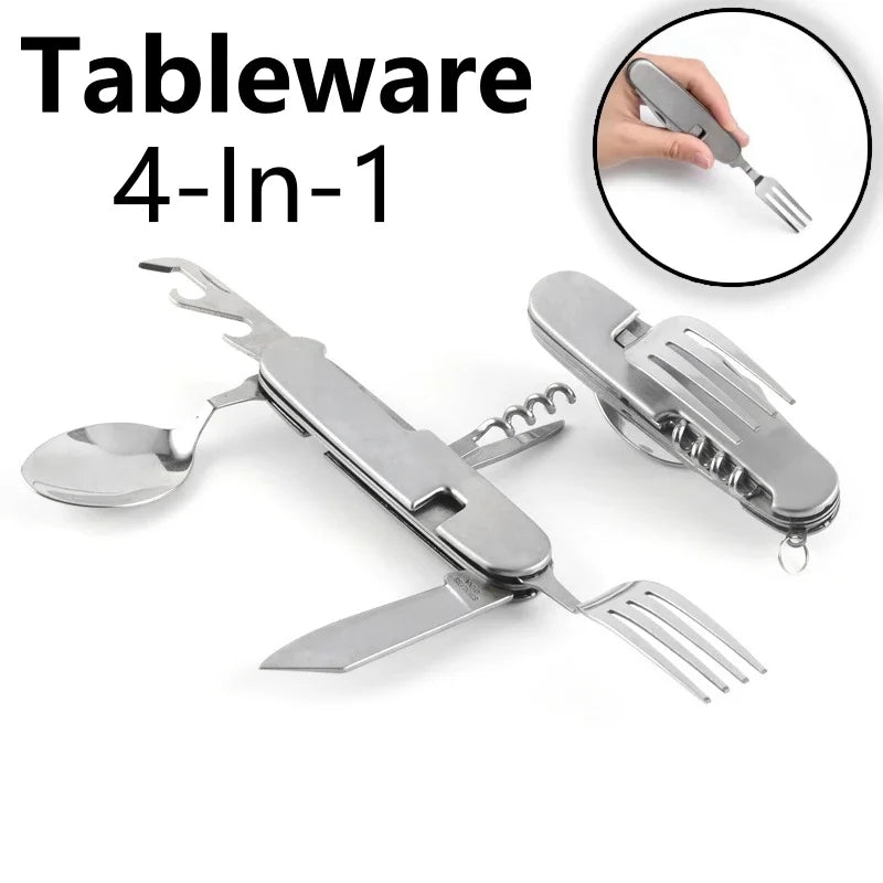 Foldable Spoon Knife Fork Bottle Tablespoon Set 4 in 1 Bottle Opener Stainless Steel Folding Pocket Kits Outdoor Camping Utensil Oasis Select