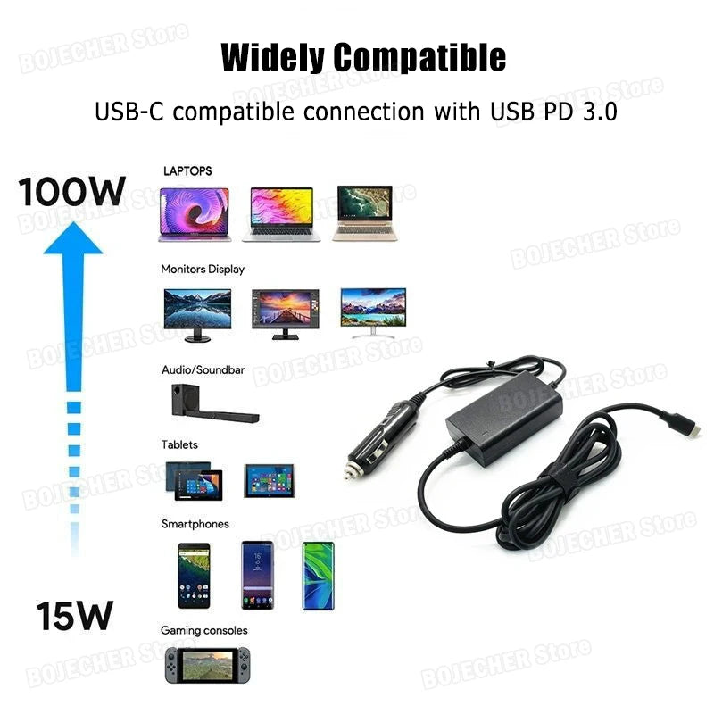 100W Max 12V-24V Universal Car Charger USB-C PD 5V 9V 12V 15V 3A 20V 5A For Lenovo Dell Laptops Tablets Phones TYPE-C Charger Oasis Select