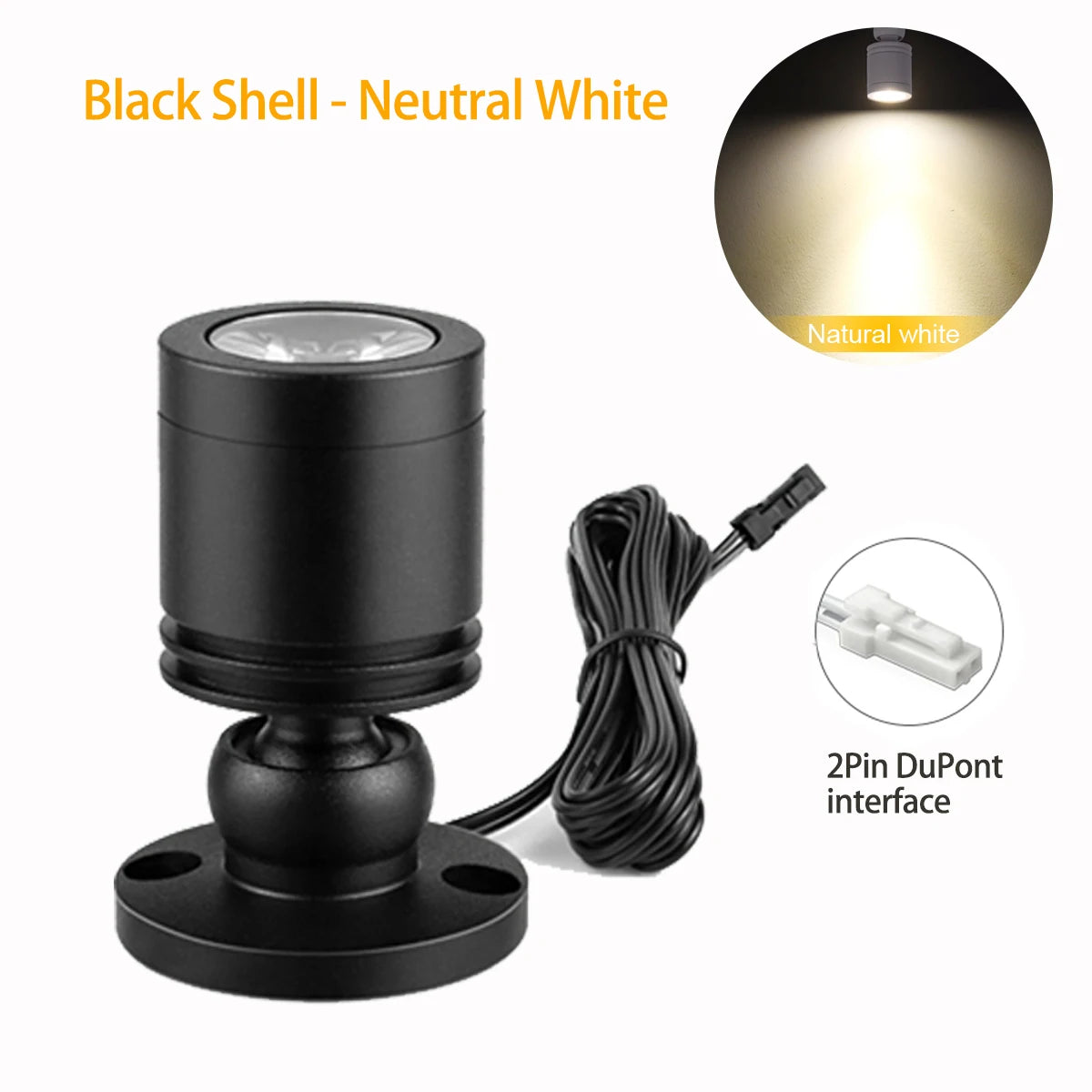 DC12V 3W LED Spotlight 2Pin DuPont Interface, Cabinet Surface Mount Mini Spot Light,for Living room Hotel Mall Ambinet Decor Oasis Select Black Shell-Natural