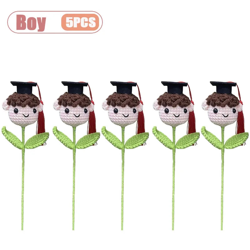 Graduation Season Crochet Bouquet with Graduation Cap Handmade Knitted Flower for Boys Girls Teacher Gift School Oasis Select Boy-5PCS