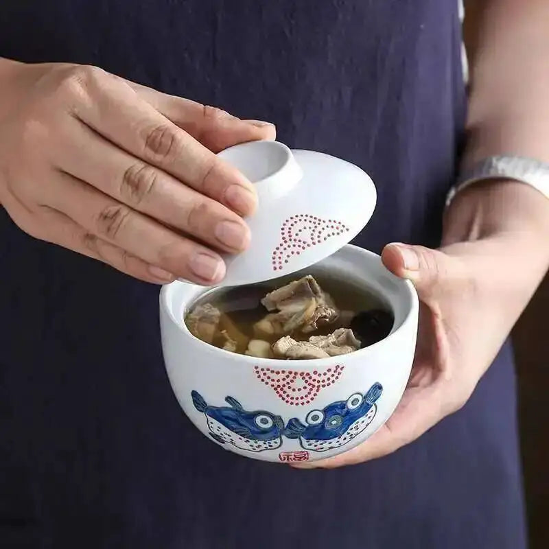 Japanese Ceramic 4.25Inch Stew Pot Bowl With Lid Steam Egg Soup Bowl Steaming Cup Slow Cooker Home Restaurant Tableware Oasis Select