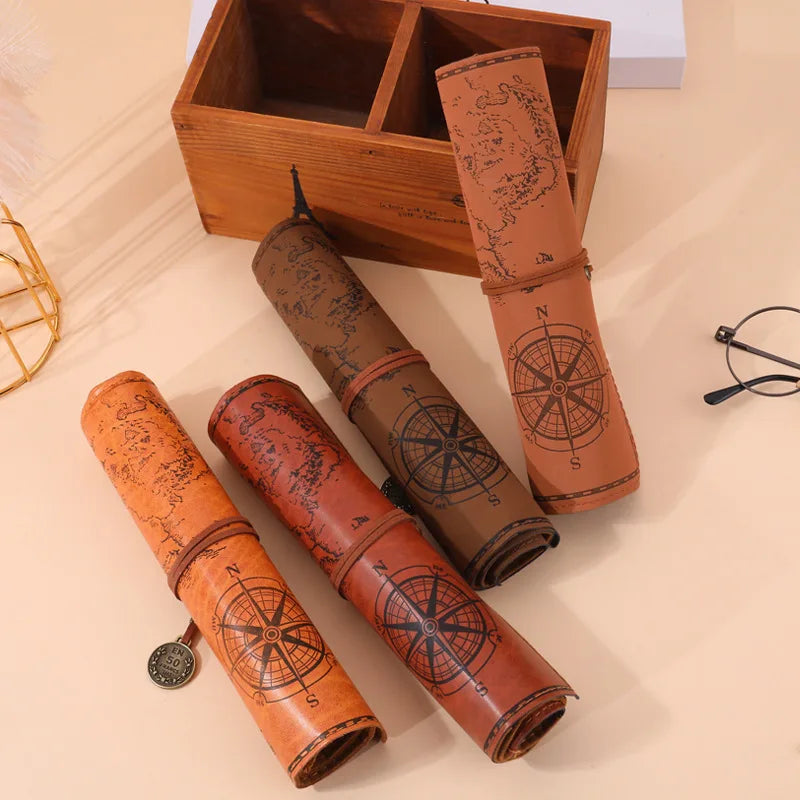 Creative Treasure Map Retro Leather Pencil Case Large Capacity Roll Up Pencil Bag Embossed Buckle Stationery Storage Pouch Oasis Select